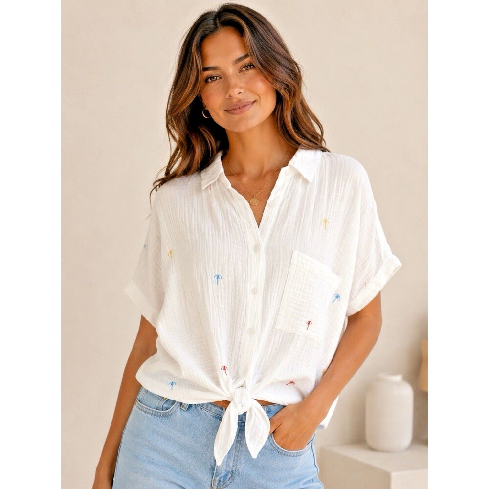 Beach Lunch Lounge Charley Embroidered Cotton Gauze Tie Front Shirt White XL